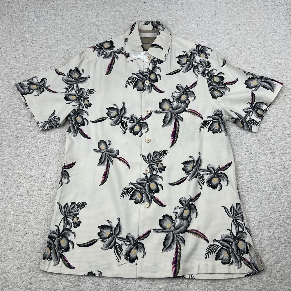 Tommy Bahama Men Small Silk Floral Orchid Shirt White Gray 173-T317731 Short Slv
